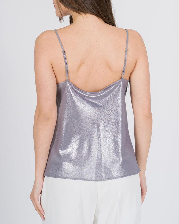 Top a spalline in tessuto spalmato argento 