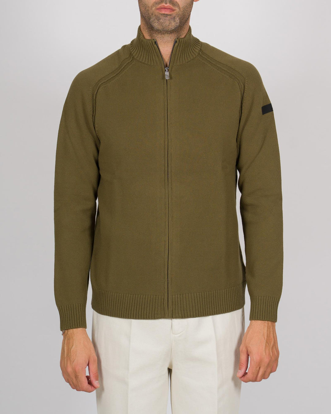 Cotton Plain Full Zip Knit Oliva 
