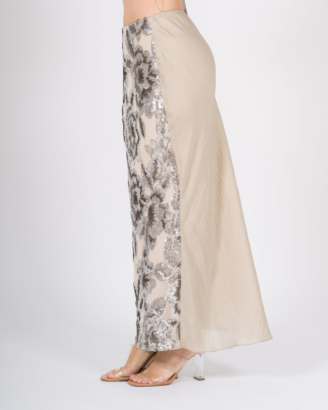 Gonna access beige con ricamo floreale e paillettes 