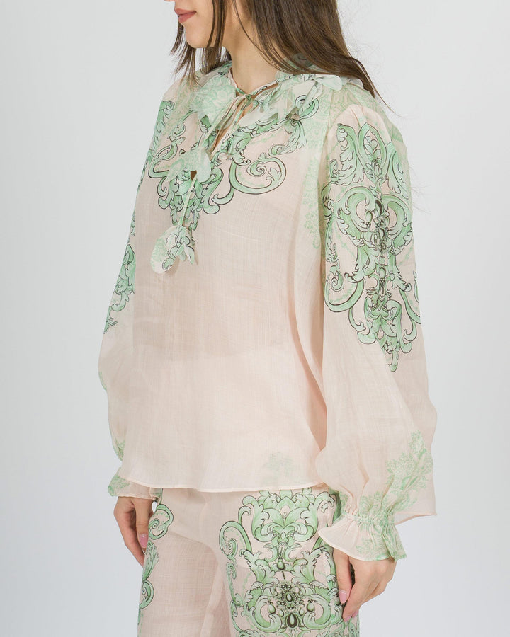 Camicia amosa rosa in lino con stampa verde effetto dipinto 