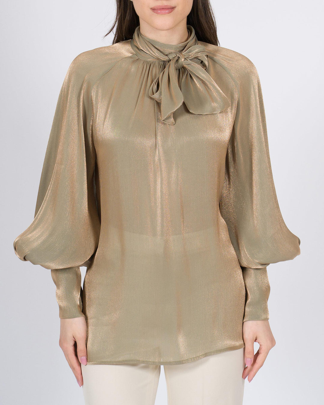 Blusa Silence verde oliva in tessuto morbido laminato oro 