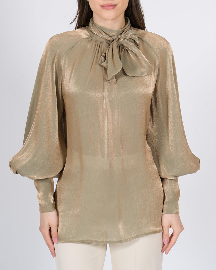 Blusa Silence verde oliva in tessuto morbido laminato oro 