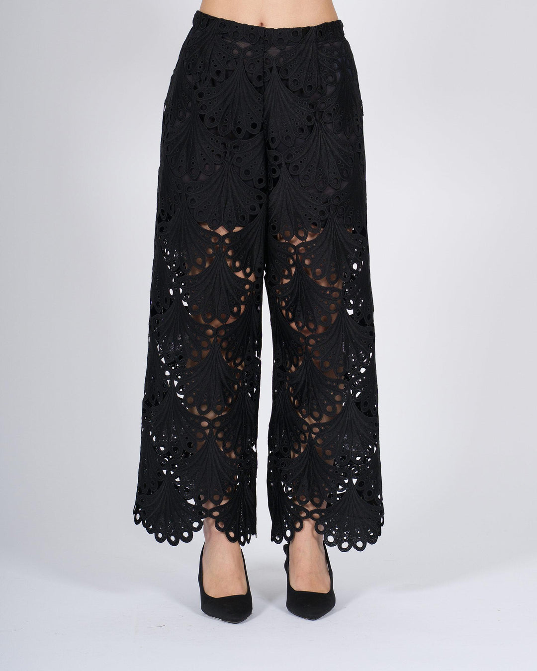 Pantalone Cropped Nero Meimeij Traforato con Motivo Conchiglia 