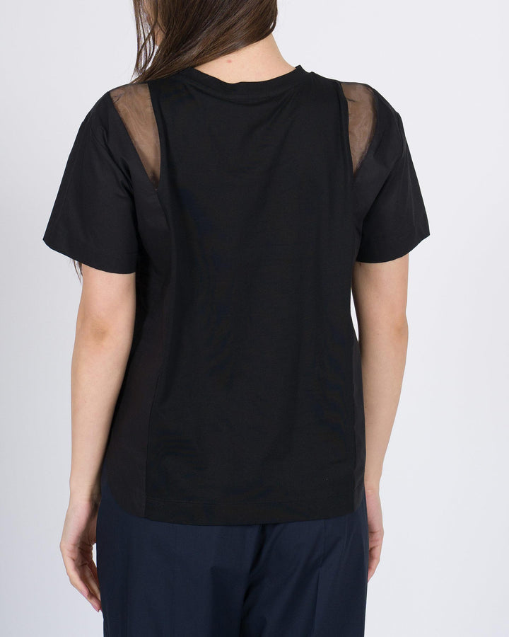 T-shirt Meimeij nera con dettaglio spicchi in organza sulle spalle 