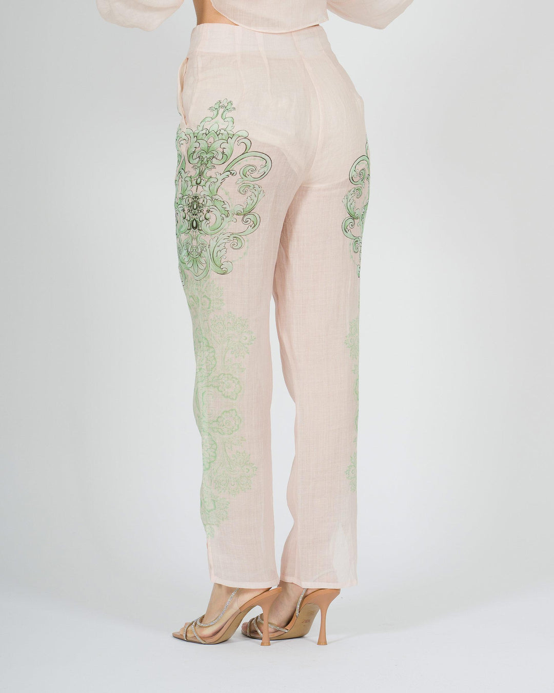 Pantalone in lino rosa amosa con stampa verde 