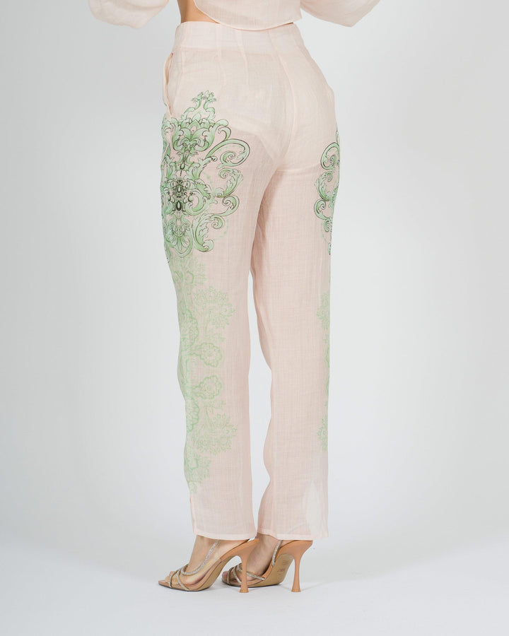 Pantalone in lino rosa amosa con stampa verde 