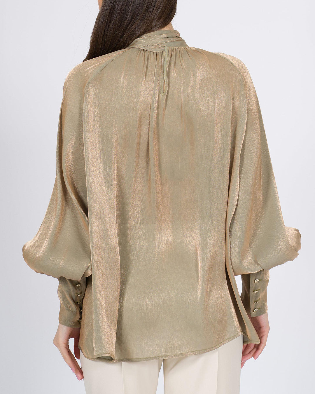 Blusa Silence verde oliva in tessuto morbido laminato oro 