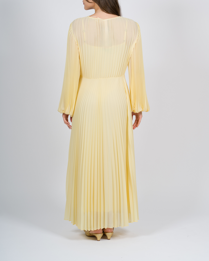 Abito lungo in georgette plissé giallo<BR/> 