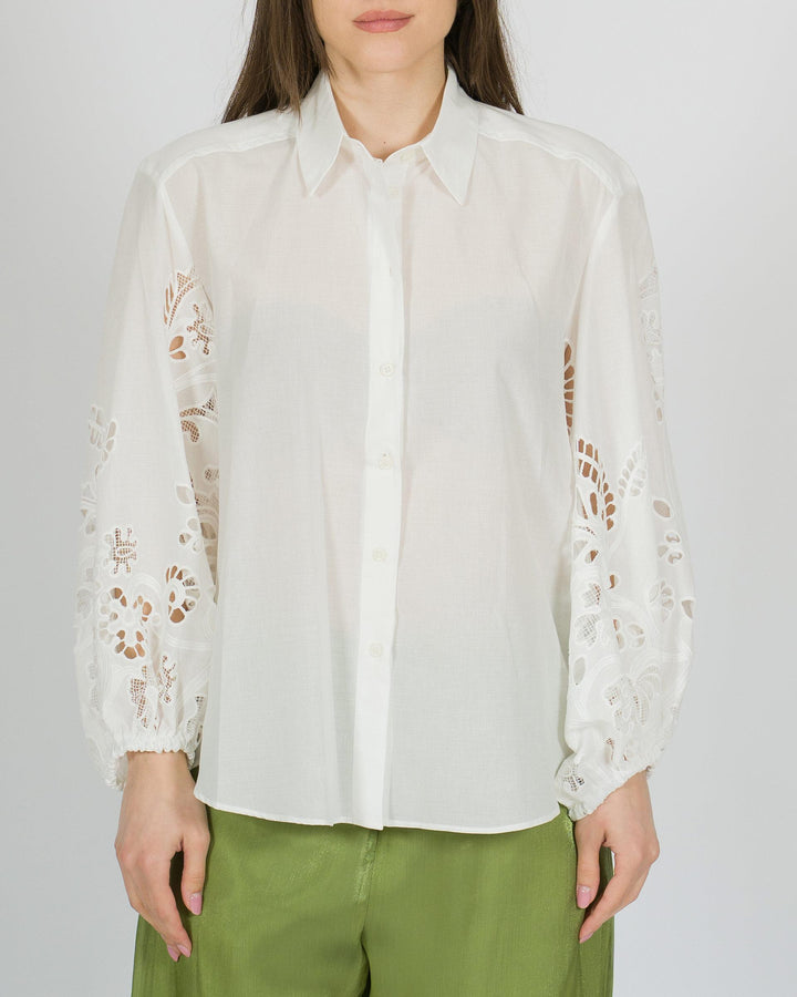 Camicia Bianca access con Maniche a Sbuffo e Ricami Traforati 