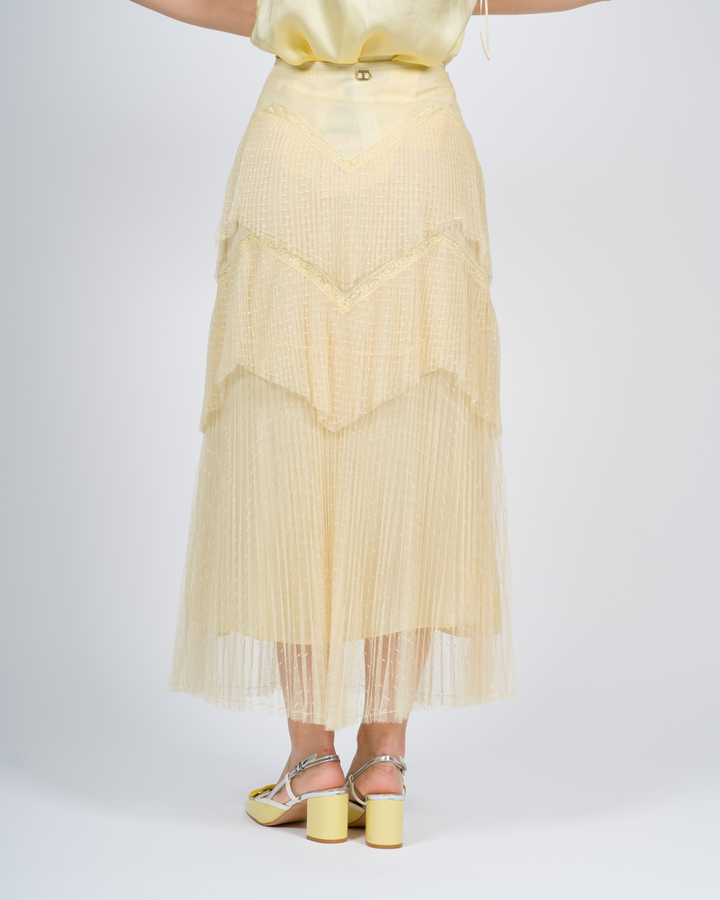 Gonna lunga in tulle con balze plissé beige 