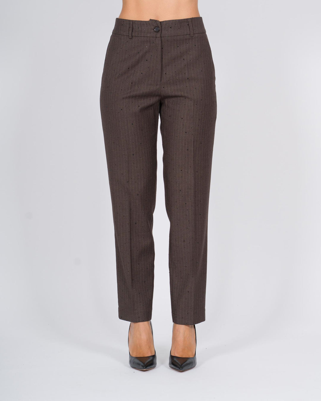 Pantaloni a gamba dritta con dettagli in strass e motivo a righe cacao 