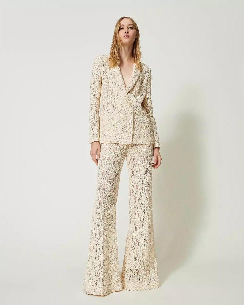 Pantaloni pizzo macramè panna<BR/> 