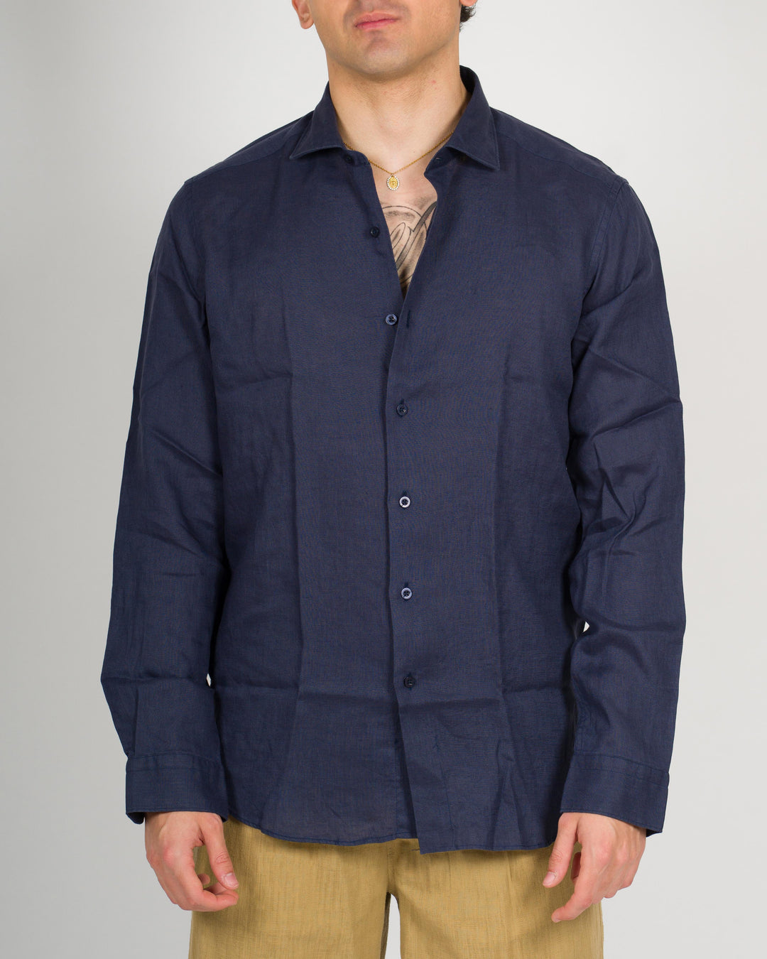 Camicia lino graffiato Blu 