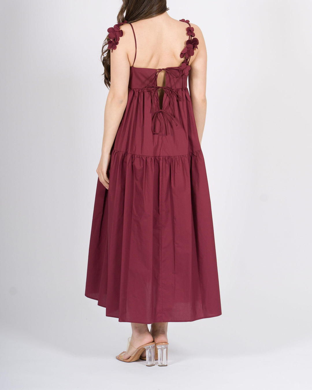 Abito Meimeij bordeaux  100% cotone con applicazioni floreali 
