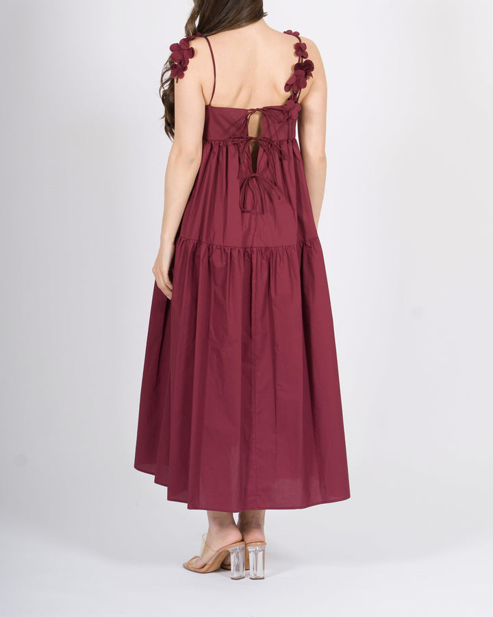Abito Meimeij bordeaux  100% cotone con applicazioni floreali 