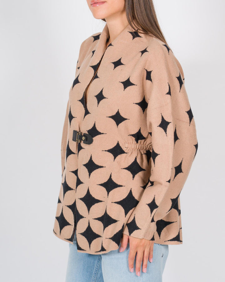 Cardigan a stelle con cinturino beige nero 