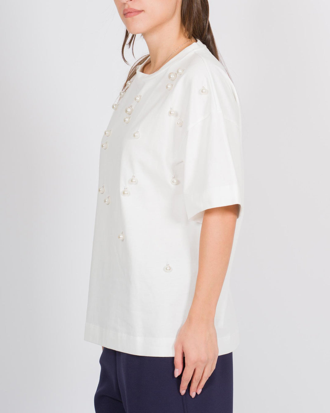 T-shirt mezza manica in cotone con applicazioni di perle 