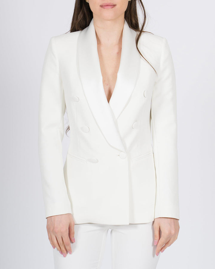 Blazer bianco doppiopetto in raso con collo a scialle 