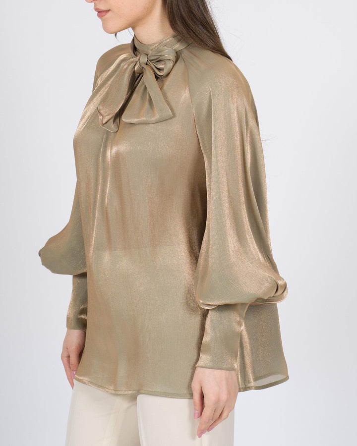 Blusa Silence verde oliva in tessuto morbido laminato oro 