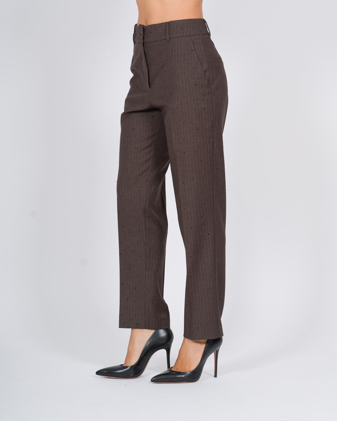Pantaloni a gamba dritta con dettagli in strass e motivo a righe cacao 