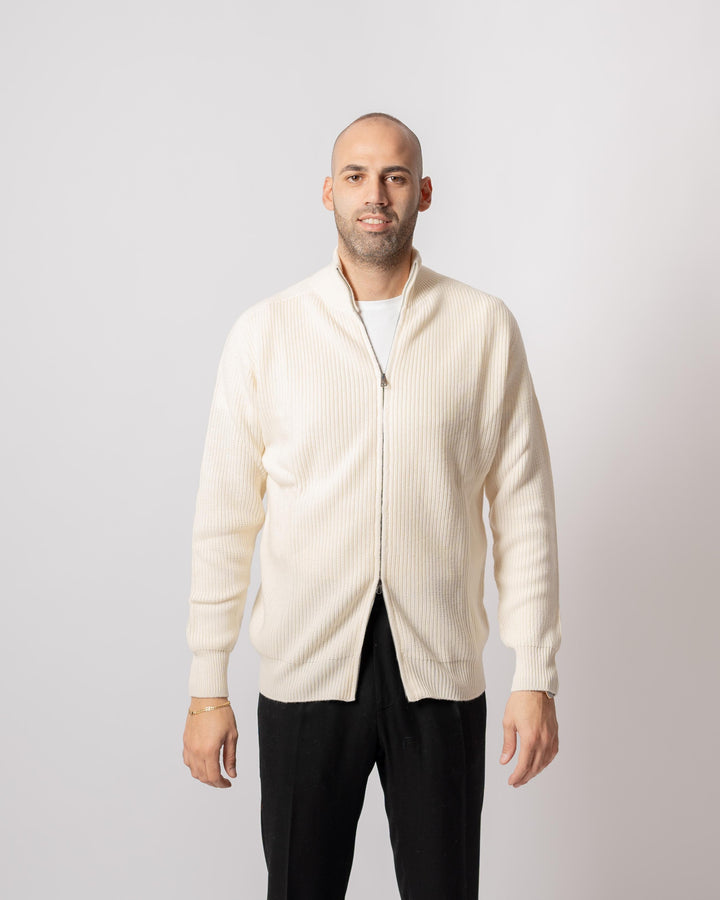 Maglia coste Full zip Panna 