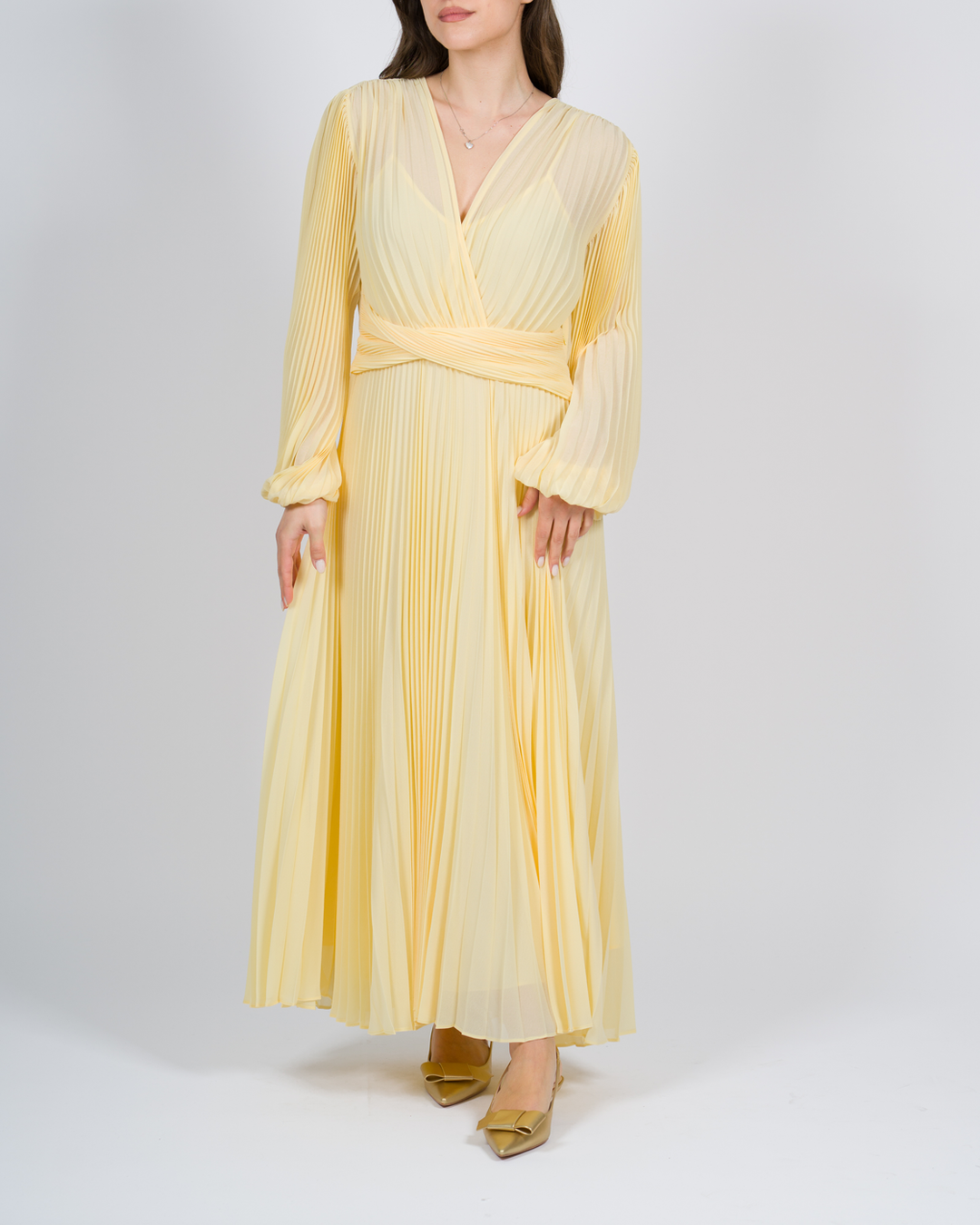 Abito lungo in georgette plissé giallo<BR/> 