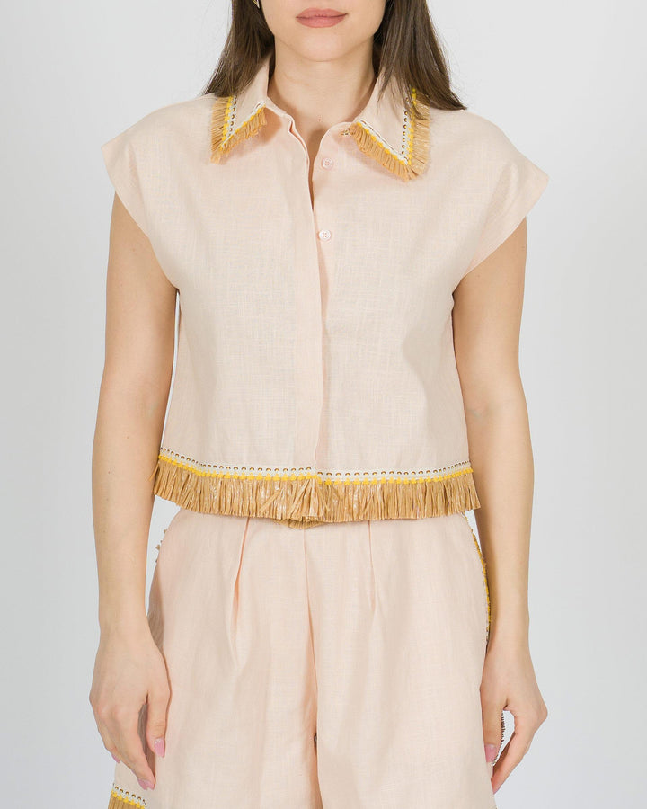 Camicia amosa rosa in lino con nappine 