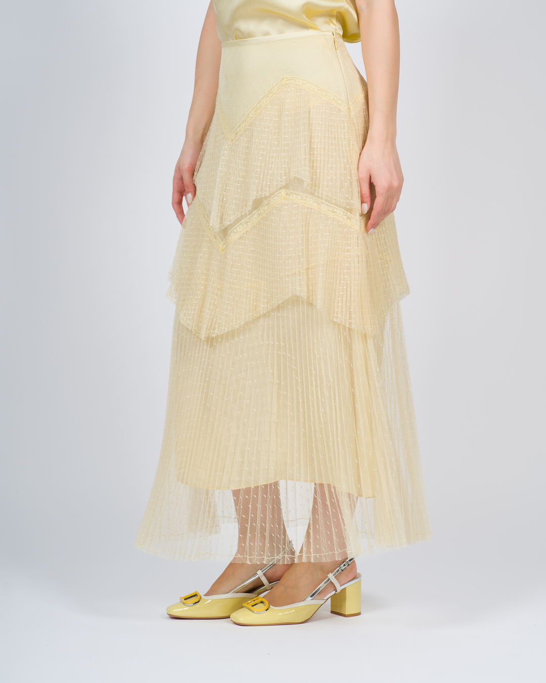 Gonna lunga in tulle con balze plissé beige 