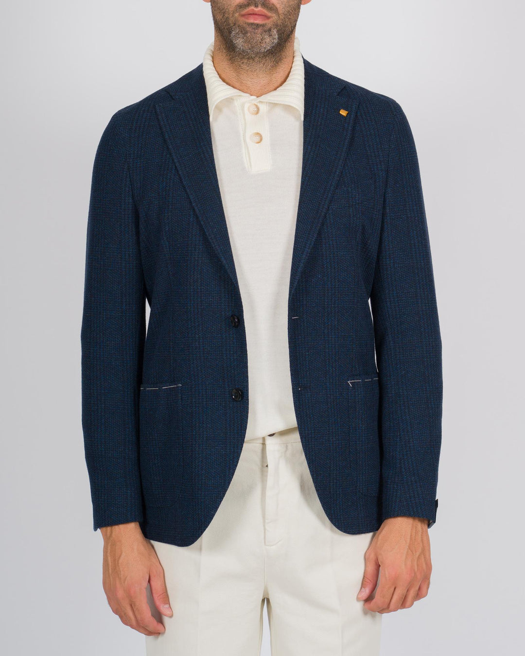 Giacca monopetto in jersey elastico a quadri blu 