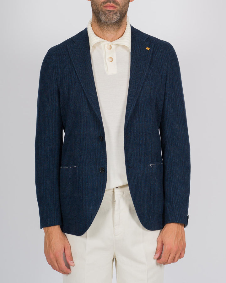 Giacca monopetto in jersey elastico a quadri blu 