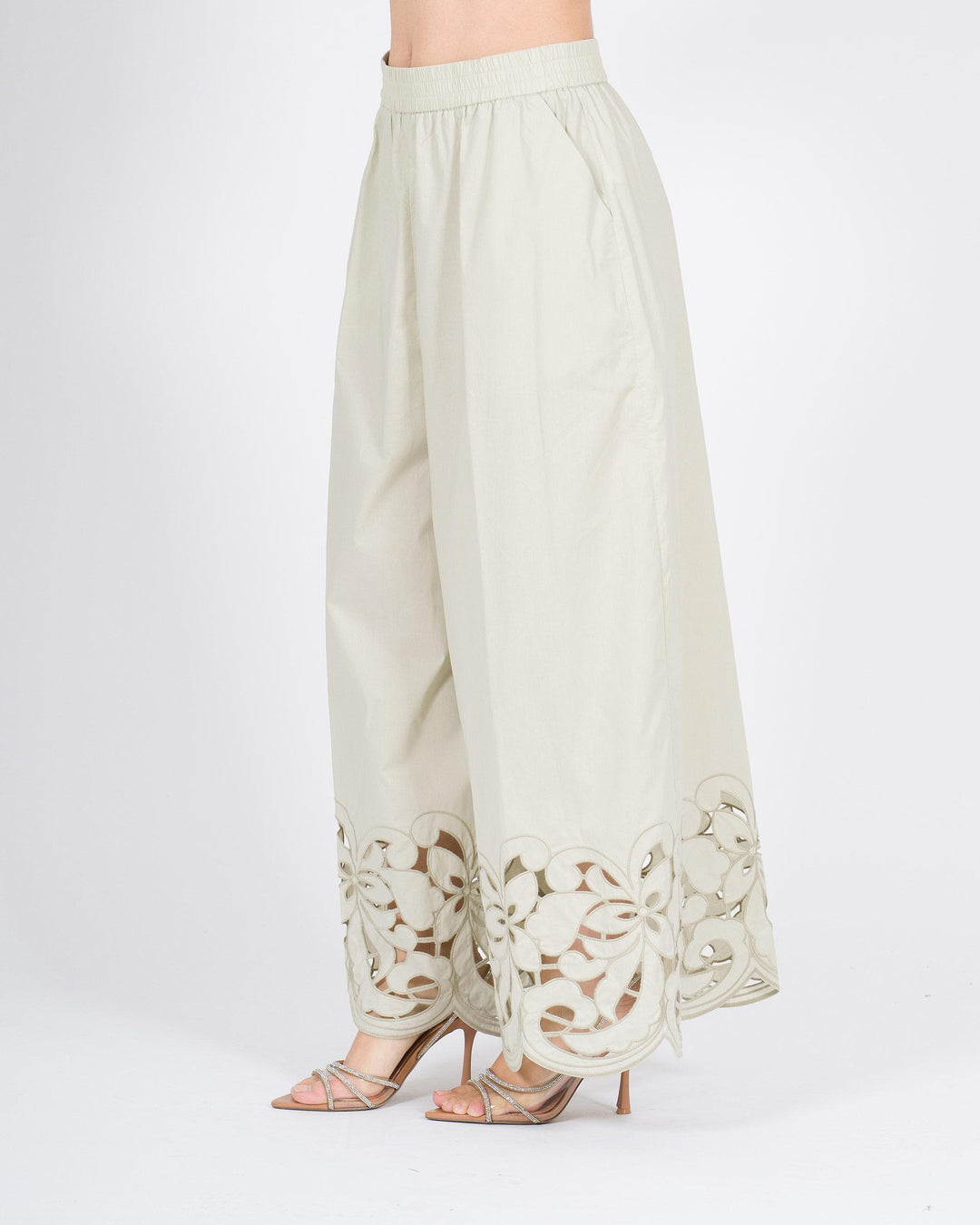 Pantaloni MEIMEJ  Cotone con Ricami Laserati salvia 