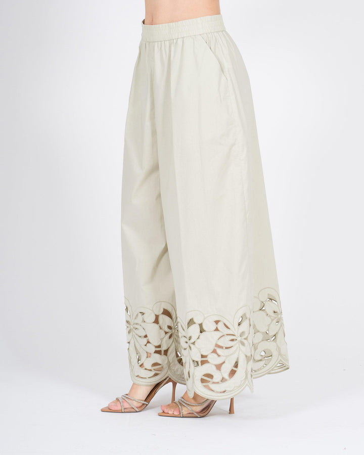 Pantaloni MEIMEJ  Cotone con Ricami Laserati salvia 