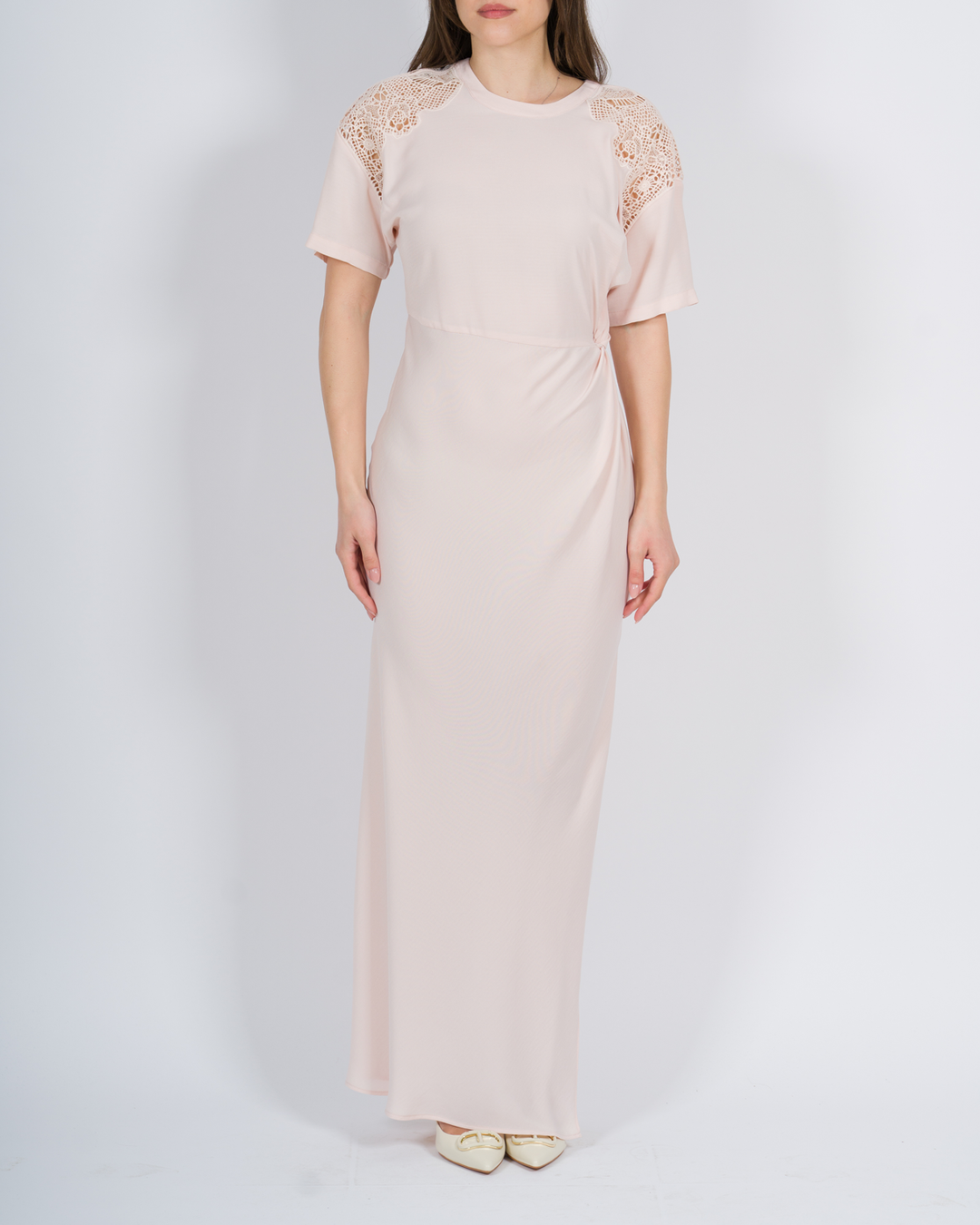 Abito lungo in twill con ricamo rosa<BR/> 
