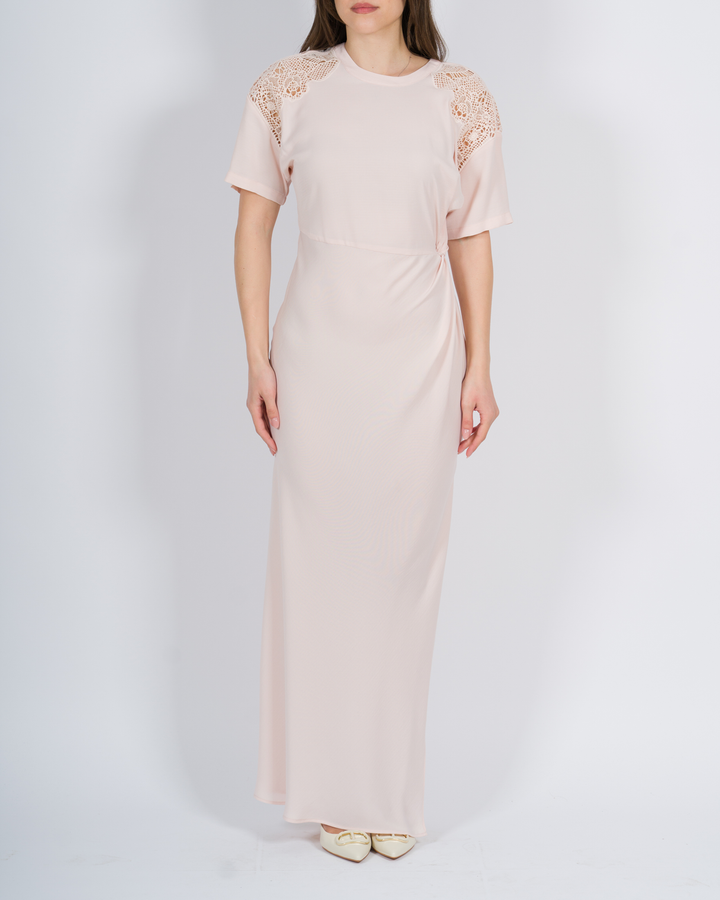 Abito lungo in twill con ricamo rosa<BR/> 