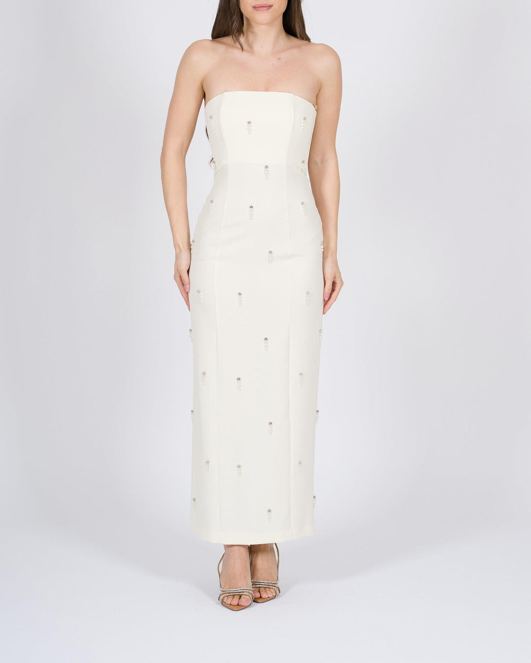 Abito bianco Effetto Bustier Longuette con Perline 