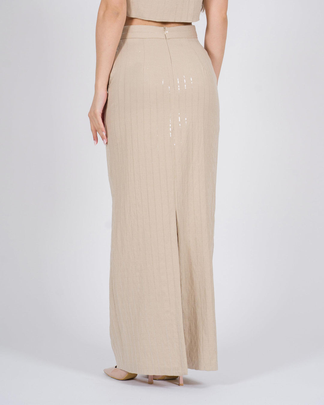 Gonna lunga effetto gessato con paillettes beige 