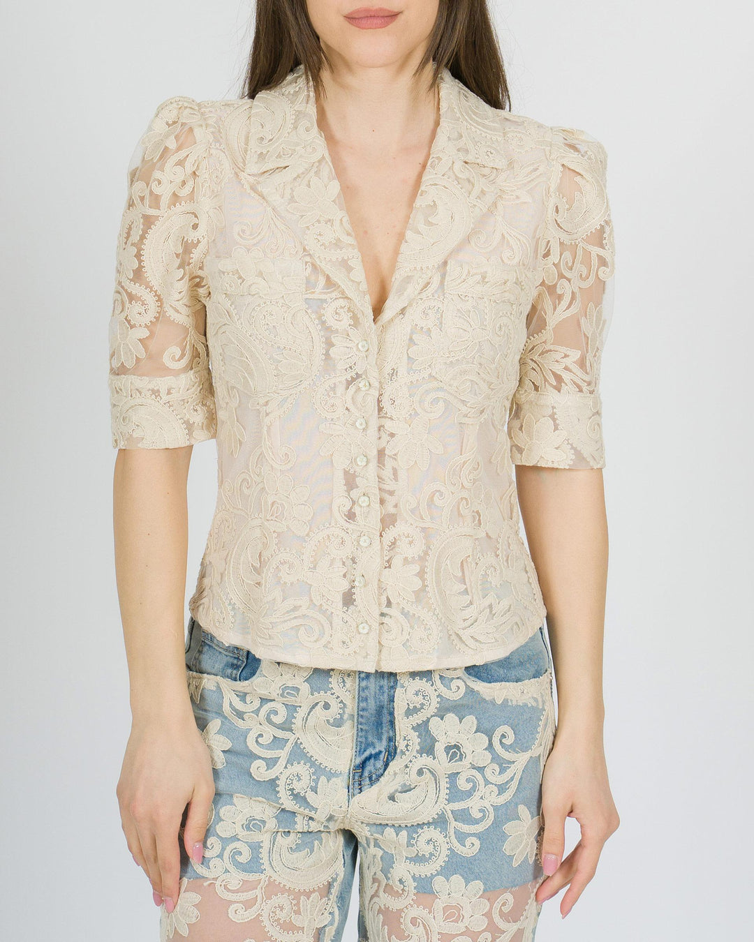 Maglia amosa panna con lavorazioni in pizzo 