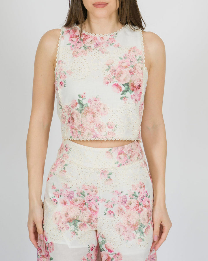 Top bianco Amosa in pizzo San Gallo con stampa floreale 