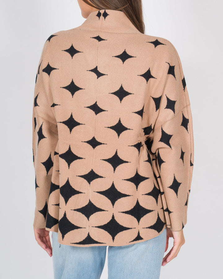 Cardigan a stelle con cinturino beige nero 