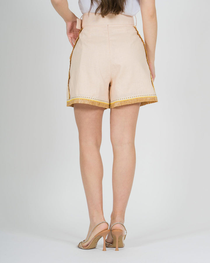 Short rosa in lino Amosa  con cintura e nappine di paglia 