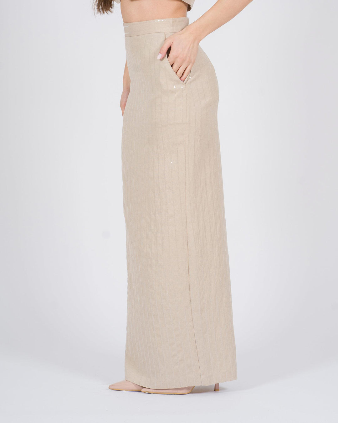 Gonna lunga effetto gessato con paillettes beige 