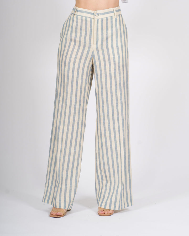 Pantalone Silence Palazzo Avorio a Righe Gessate Azzurre 
