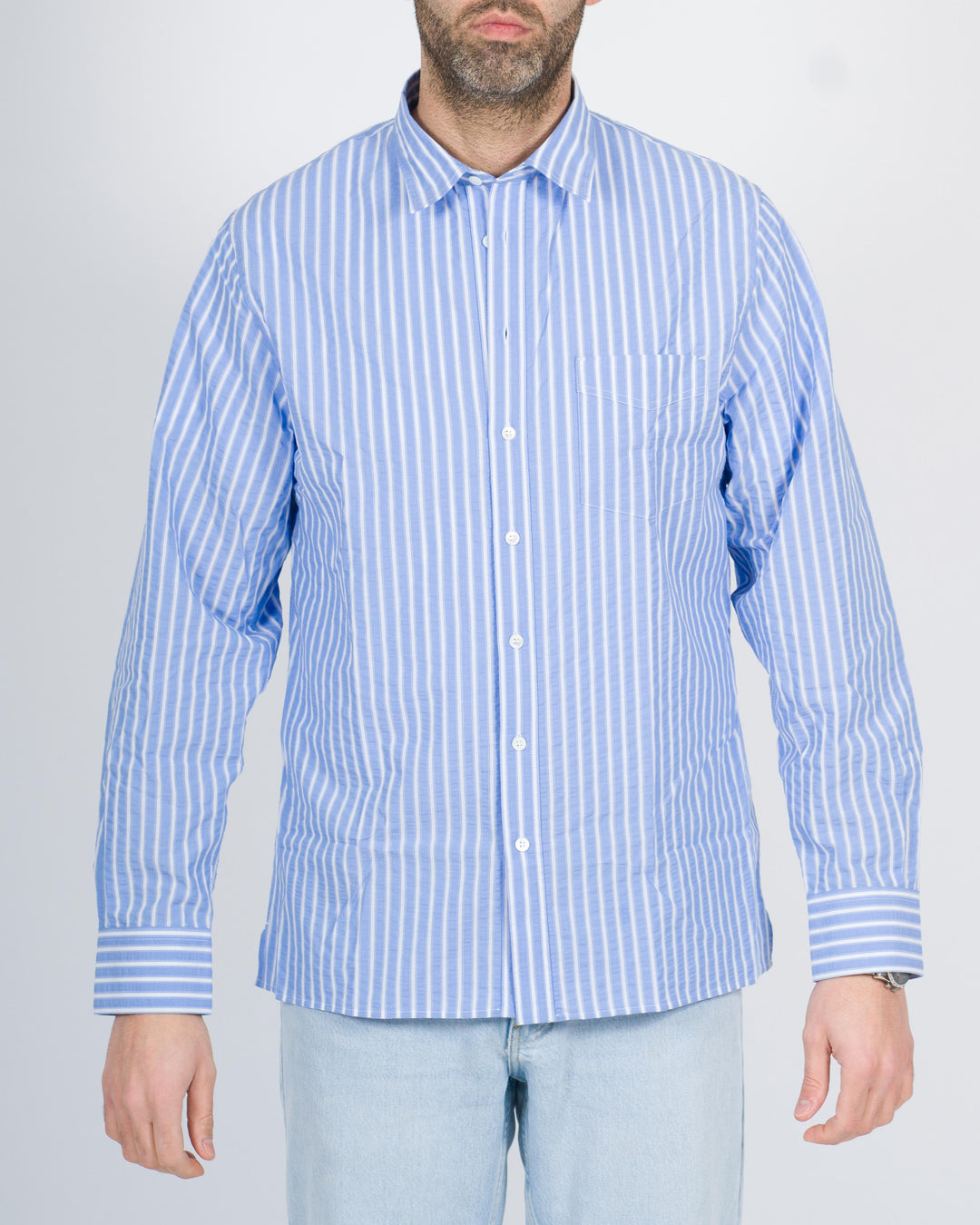 Camicia taschino rigata azzurra 