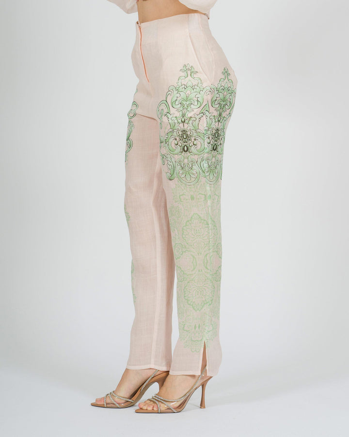 Pantalone in lino rosa amosa con stampa verde 