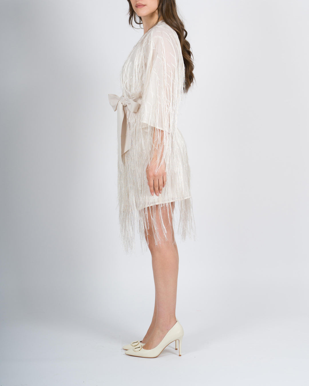 <BR/>Abito-kimono con frange panna 