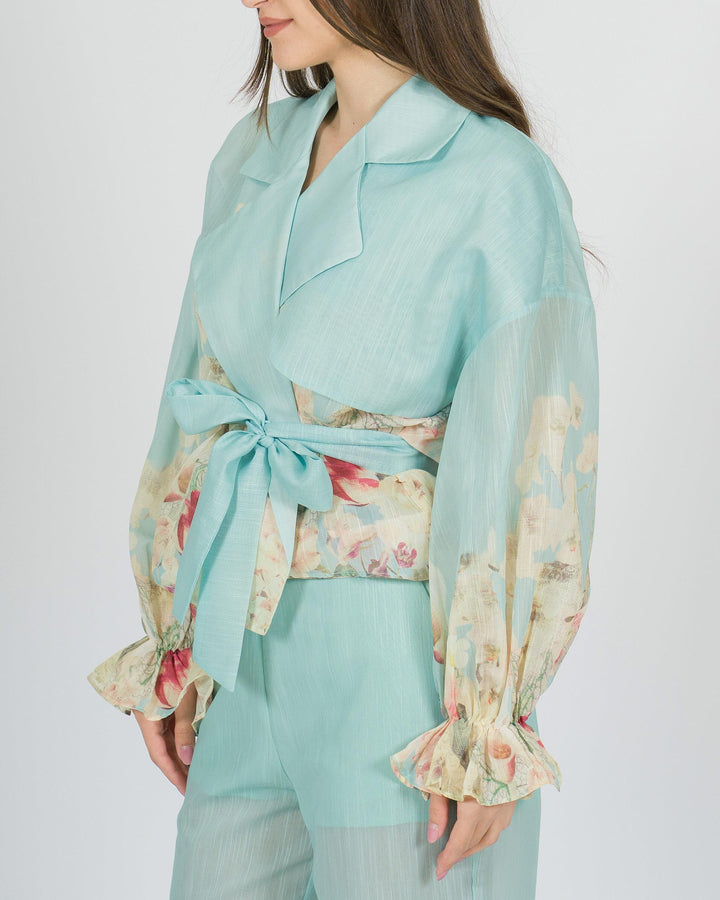 Giacca amosa azzurra modello kimono con fusciacca 