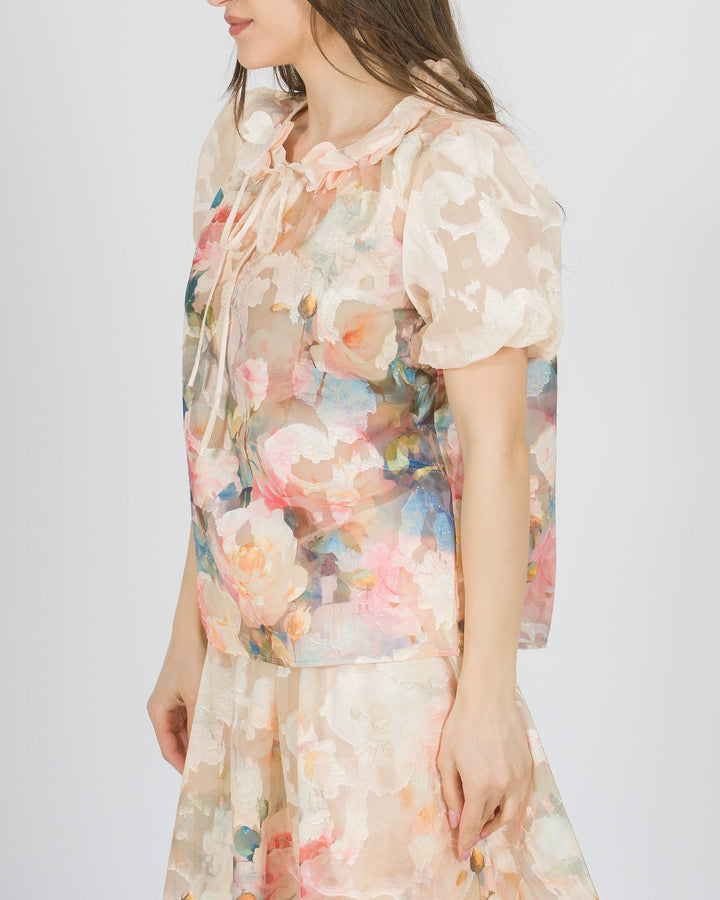 Blusa Amosa beige in organza con stampa floreale multicolor 