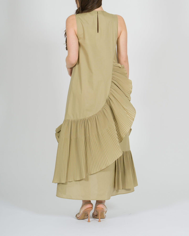 Abito lungo beige con giro manica e volant in plissé 