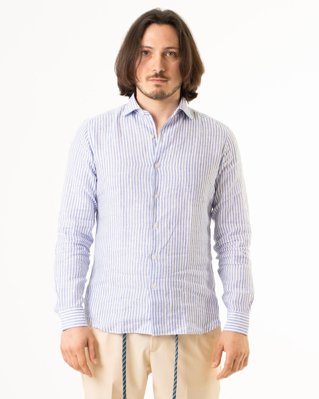 Camicia Lino Rigata azzurra 