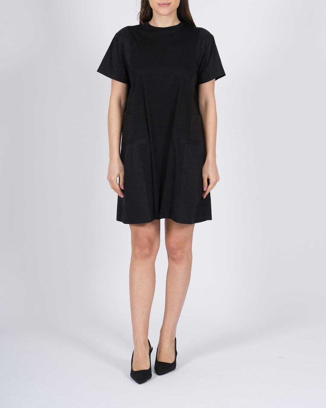 Mini abito Meimeij nero in cotone stretch con inserti in popeline 